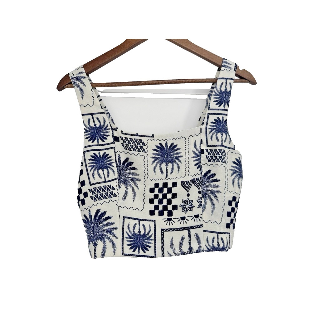 tropical beachy Crop Top Blue Palm Tree Navy White‎ Wide strap L resort vacation